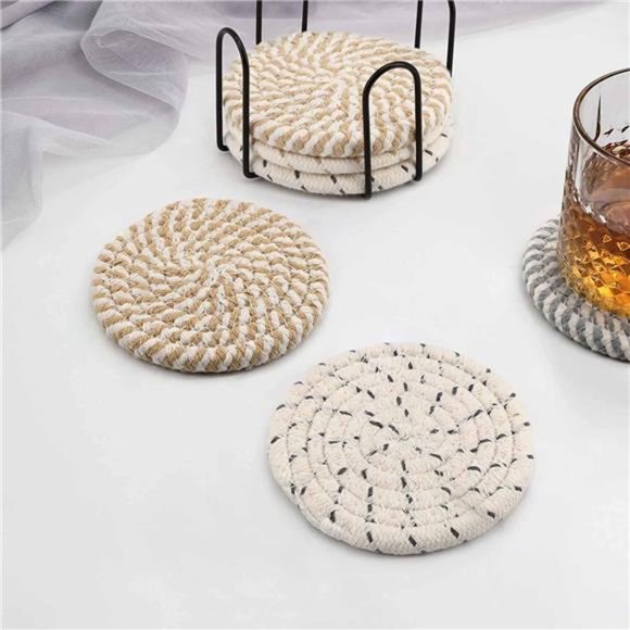 Coasters for Drinks Absorbent Woven Coaster Set with Holder Farmhouse Cute Cloth - Picture 3 of 7